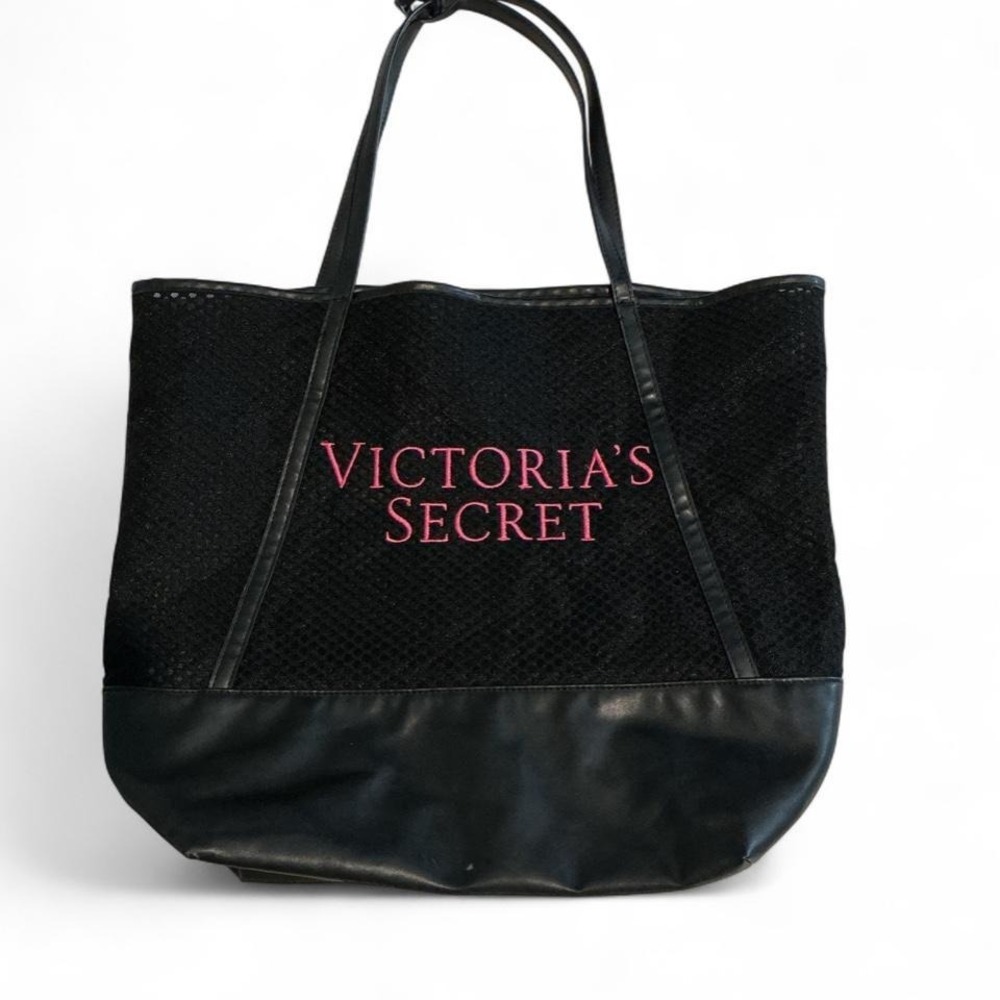 Victoria's Secret Tote Bag Women Large Black Mesh Pink Logo Good Tassel Mesh Bag